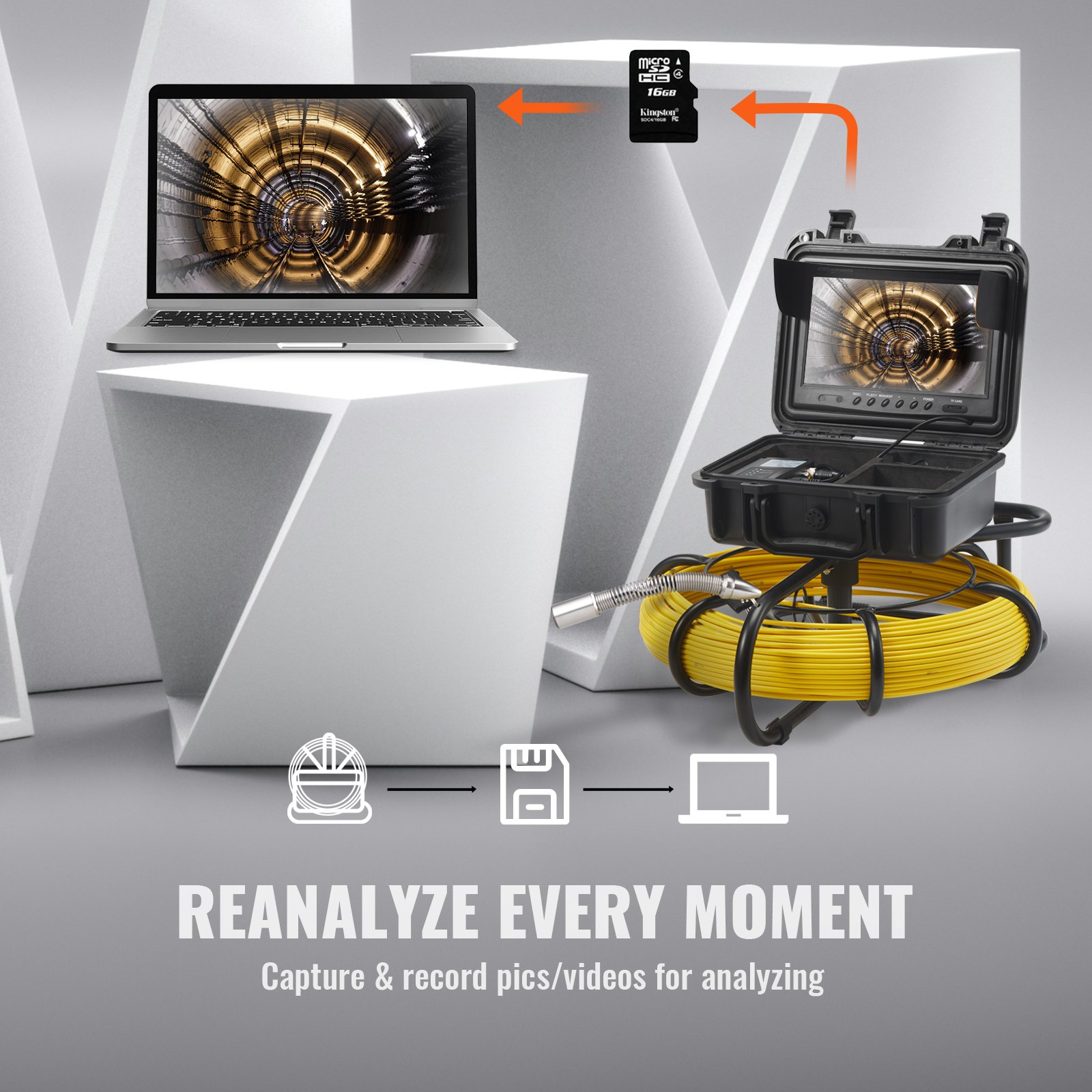 Kamera kanalizacyjna VEVOR, 70 m, ekran 23 cm, kamera inspekcyjna do rur z funkcją DVR, IP68, z 12 regulowanymi diodami LED, z kartą SD o pojemności 16 GB, do kanalizacji, domu, kanalizacji, rury spustowej