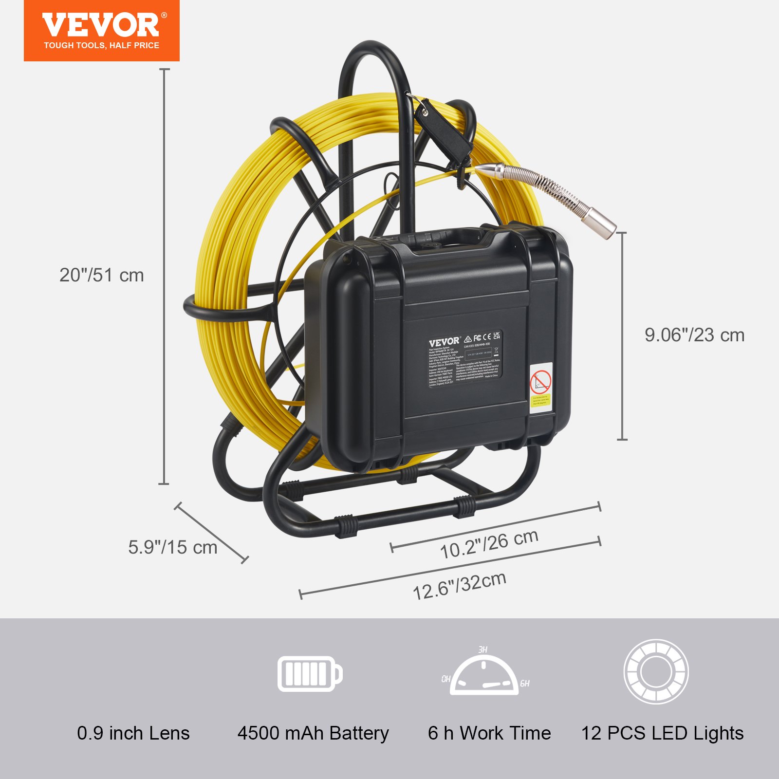 Kamera kanalizacyjna VEVOR, 70 m, ekran 23 cm, kamera inspekcyjna do rur z funkcją DVR, IP68, z 12 regulowanymi diodami LED, z kartą SD o pojemności 16 GB, do kanalizacji, domu, kanalizacji, rury spustowej