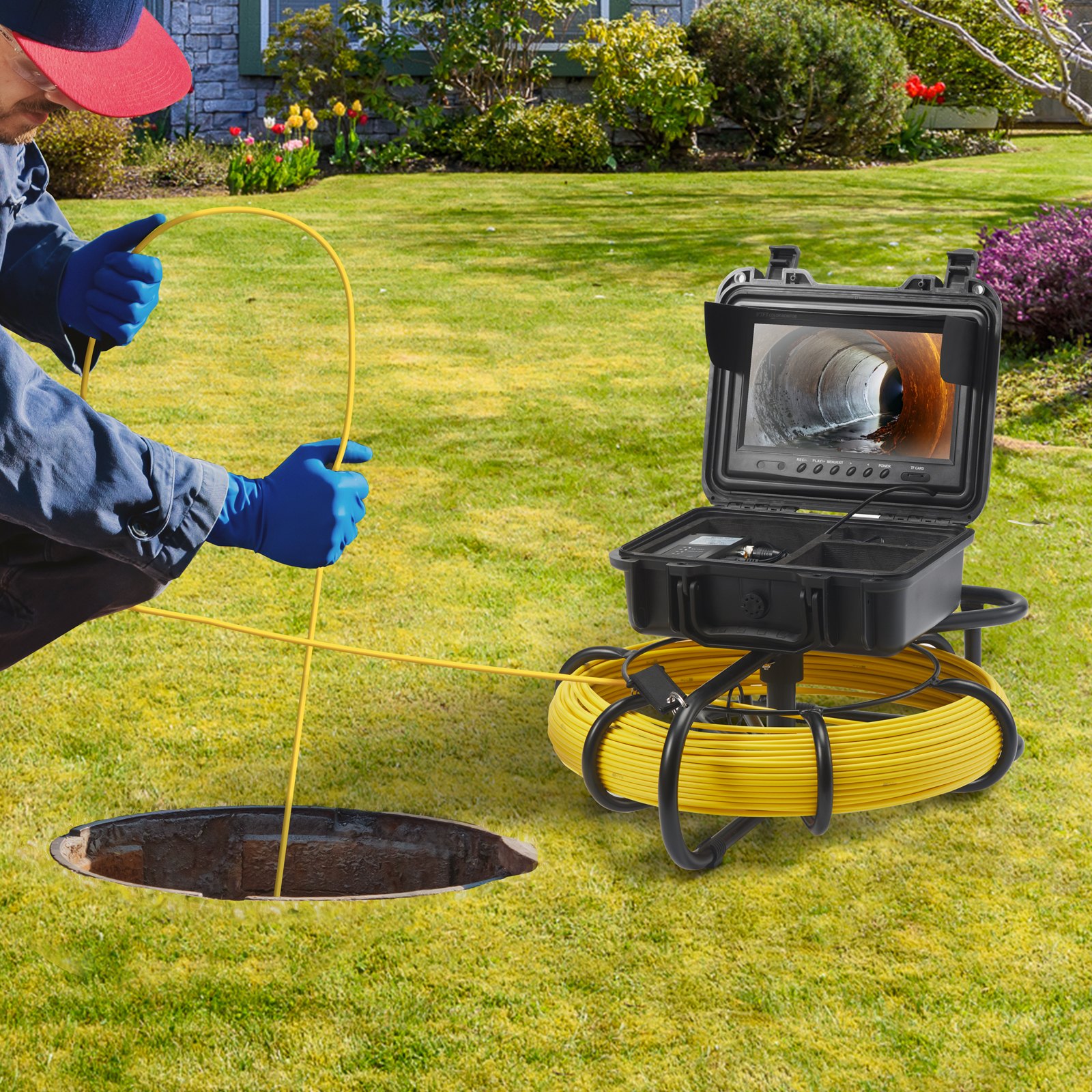 Kamera kanalizacyjna VEVOR, 70 m, ekran 23 cm, kamera inspekcyjna do rur z funkcją DVR, IP68, z 12 regulowanymi diodami LED, z kartą SD o pojemności 16 GB, do kanalizacji, domu, kanalizacji, rury spustowej