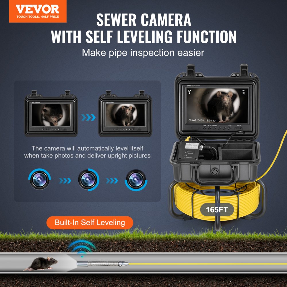 Kamera do inspekcji rur VEVOR, samopoziomująca kamera do inspekcji rur o zasięgu 50 m z 9-calowym ekranem HD 1080P, 36-krotnym zoomem, wodoodporna kamera do rur IP68 z 12 diodami LED, karta 32 GB Endoskop do rur kanalizacyjnych