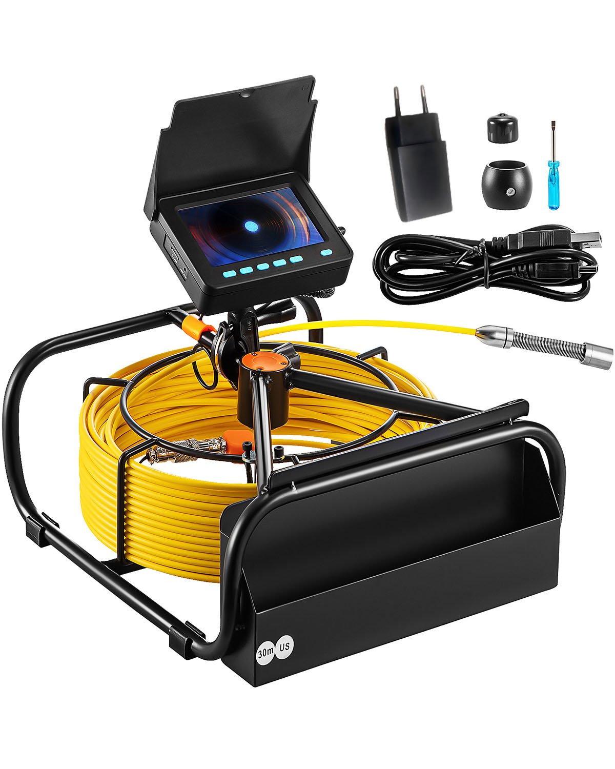 Kamera do inspekcji kanalizacji VEVOR, 30 m/98 stóp, 4,3-calowa kamera z oświetleniem – 6 regulowanych diod LED, karta 16 GB, 3-krotny zoom i bateria o wysokiej wydajności 8500 mAh, wodoodporna kamera hydrauliczna IP68 do rur kanalizacyjnych