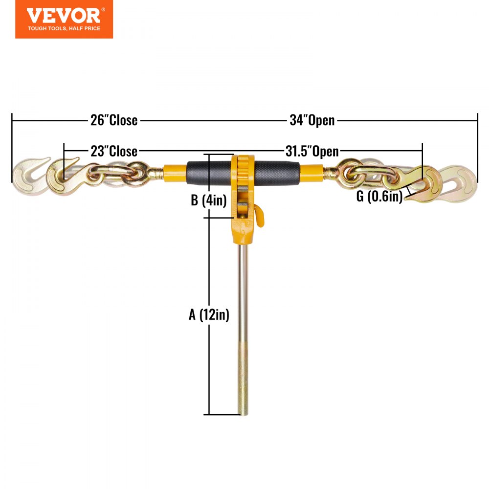Łańcuchy mocujące VEVOR z grzechotką, 3/8"-1/2" do ciężkich ładunków z hakami G80, dopuszczalne obciążenie 12 000 funtów, oszczędzający pracę uchwyt antypoślizgowy, łańcuchy mocujące do przyczep niskopodwoziowych