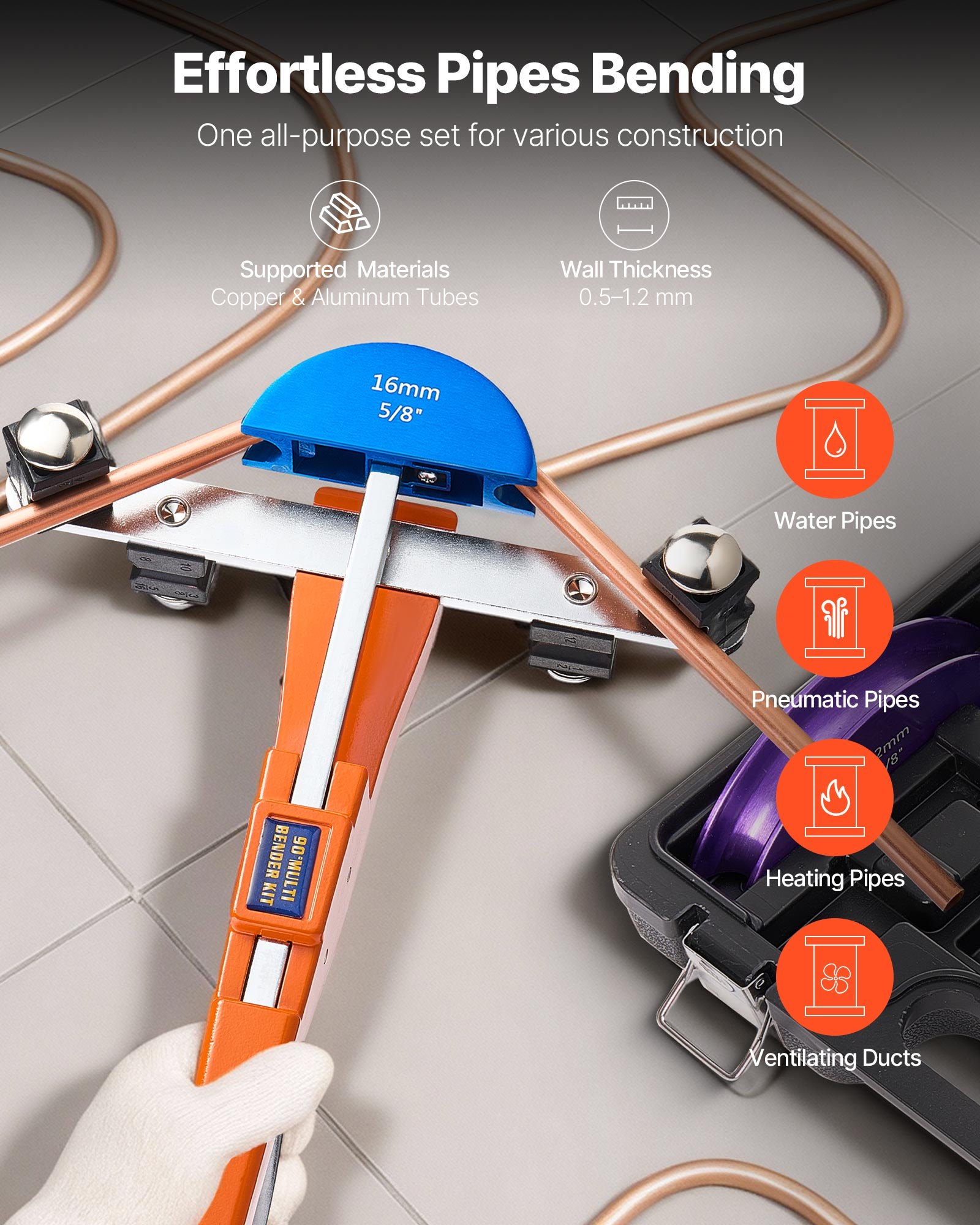 Giętarka do rur VEVOR, 6-22 mm, giętarka do rur do 90°, giętarka do przodu z 7 kolorowymi szczękami ze stopu aluminium, narzędzia HVAC, do rur miedzianych w systemach HVAC, klimatyzacji i chłodnictwie