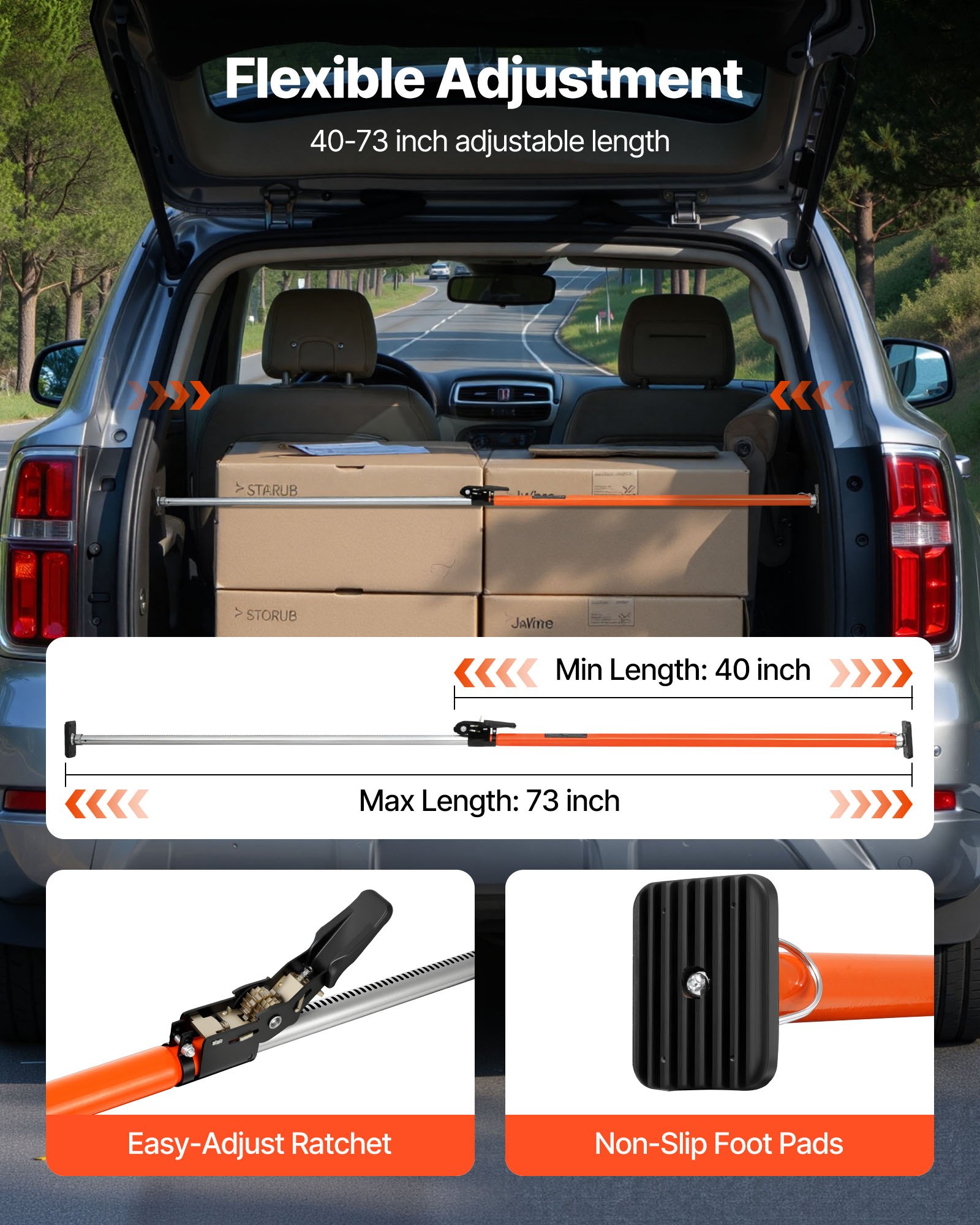 VEVOR Cargo Bar Ratchet Regulowany 1016-1854 mm, Stalowy stabilizator ładunku z antypoślizgowymi stopkami, Wysuwany drążek podporowy do pickupów, SUV-ów, minivanów