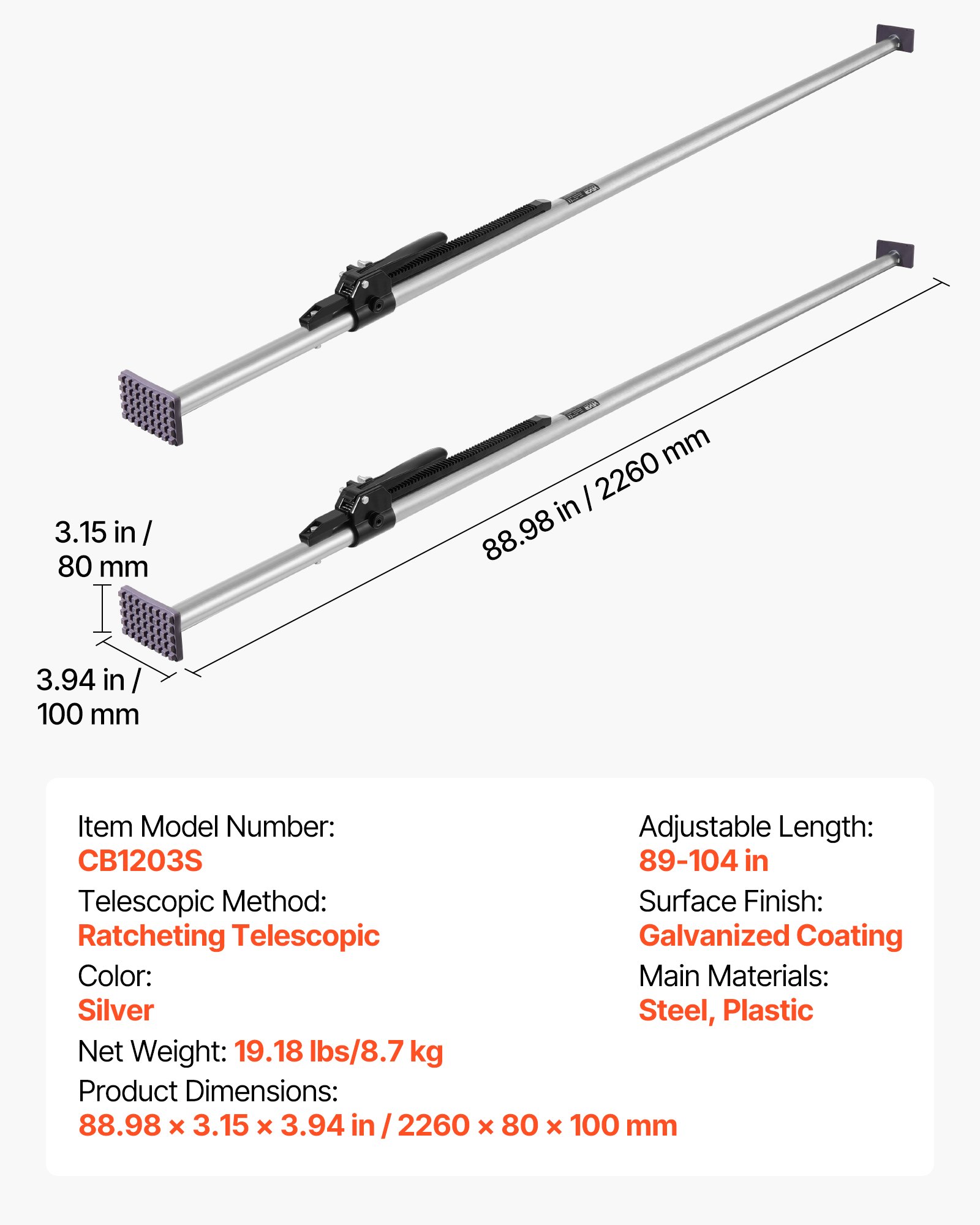 VEVOR 2 x Regulowany drążek załadowczy z grzechotką 2261-2641 mm, stalowy stabilizator ładunku z antypoślizgowymi podkładkami, wysuwany drążek podporowy do pickupów, SUV-ów, minivanów