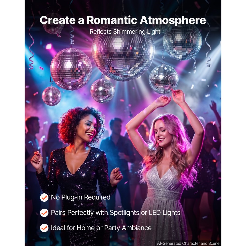 VEVOR Mirror Disco Ball 100/150/200/300 mm 8-Pack Ball with Hanging Ring, for Party Home Decoration Stage Props DJ Dance Club, 2 Mirror Tile Sizes, Reflect Light, Wedding Music Birthday Decor, Silver