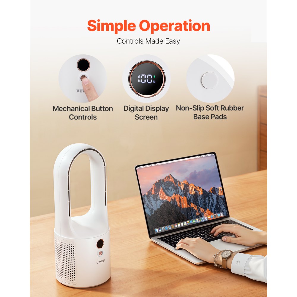 VEVOR Bezłopatkowy wentylator stołowy, przenośny wentylator 330 mm, 6-biegowa chłodziarka USB, cichy, mały wentylator wieżowy z akumulatorem, przyjazny dla dzieci, do sypialni, biura i domu