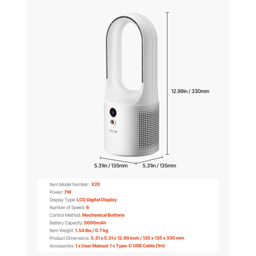 VEVOR Bezłopatkowy wentylator stołowy, przenośny wentylator 330 mm, 6-biegowa chłodziarka USB, cichy, mały wentylator wieżowy z akumulatorem, przyjazny dla dzieci, do sypialni, biura i domu
