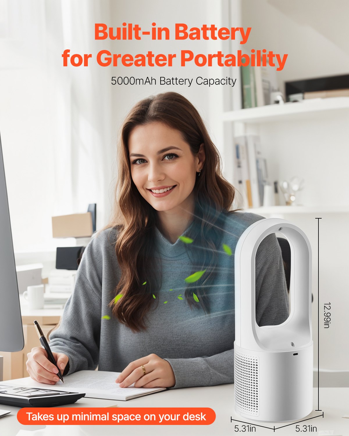 VEVOR Bezłopatkowy wentylator stołowy, przenośny wentylator 330 mm, 6-biegowa chłodziarka USB, cichy, mały wentylator wieżowy z akumulatorem, przyjazny dla dzieci, do sypialni, biura i domu