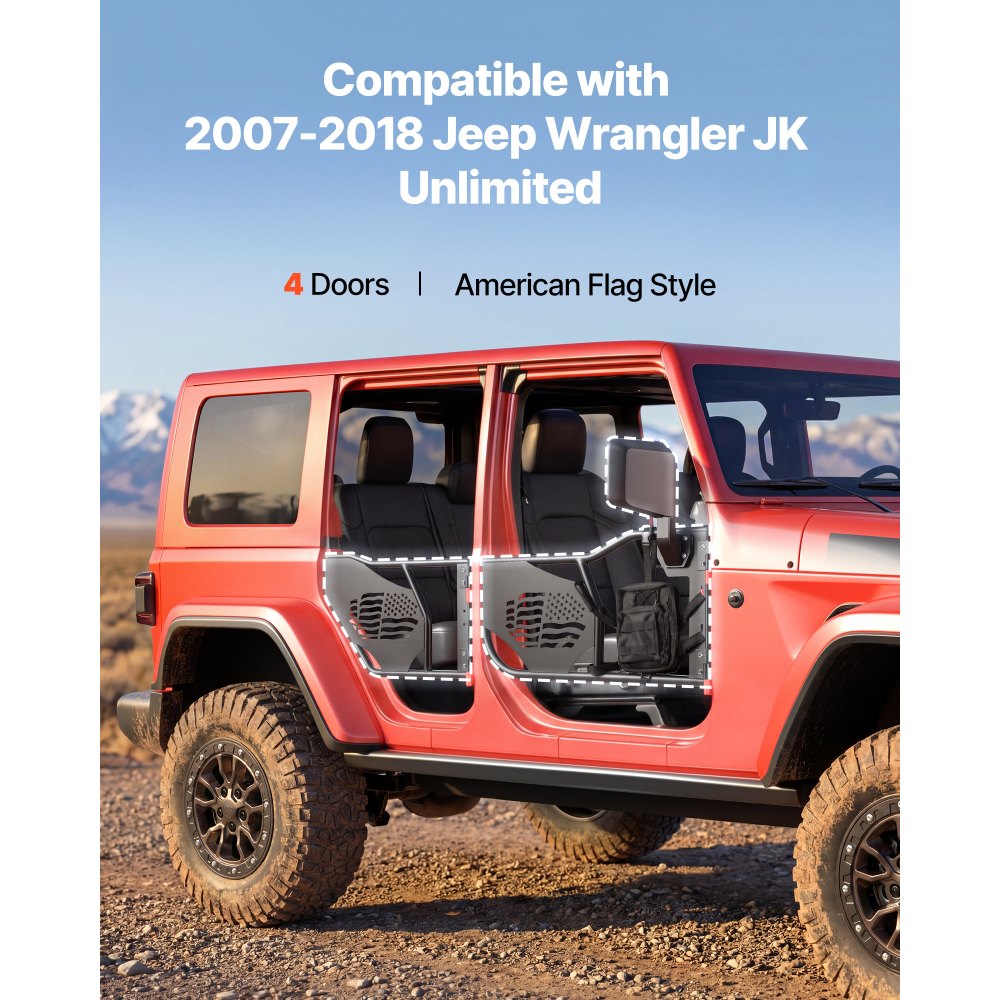 Drzwi rurowe VEVOR 4-drzwiowe, kompatybilne z Jeep Wrangler JK Unlimited (2007-2018), stalowe półdrzwi terenowe (przód i tył) z lusterkami bocznymi z certyfikatem DOT, torbą do przechowywania i gumowymi podkładkami