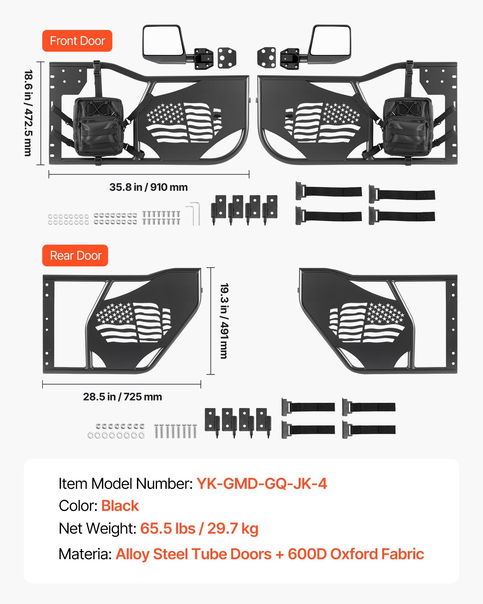 Drzwi rurowe VEVOR 4-drzwiowe, kompatybilne z Jeep Wrangler JK Unlimited (2007-2018), stalowe półdrzwi terenowe (przód i tył) z lusterkami bocznymi z certyfikatem DOT, torbą do przechowywania i gumowymi podkładkami