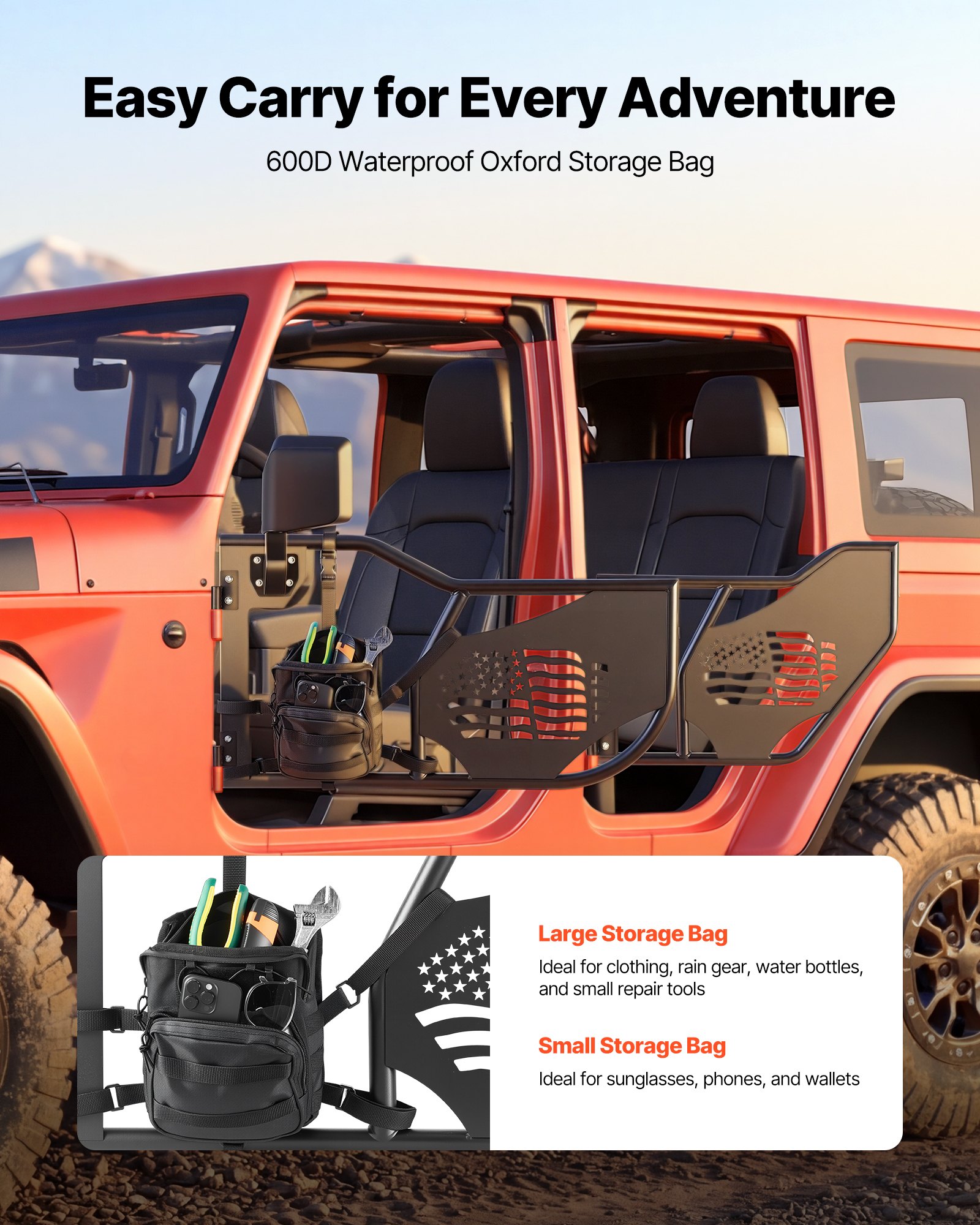 VEVOR Jeep Tube Doors, 4-Door, Fit for 2018-2026 Jeep Wrangler JL & 2020-2026 Gladiator JT, Flag Pattern Off Road Front & Rear Tubular Half Doors with DOT Certified Side View Mirrors and Storage Bag
