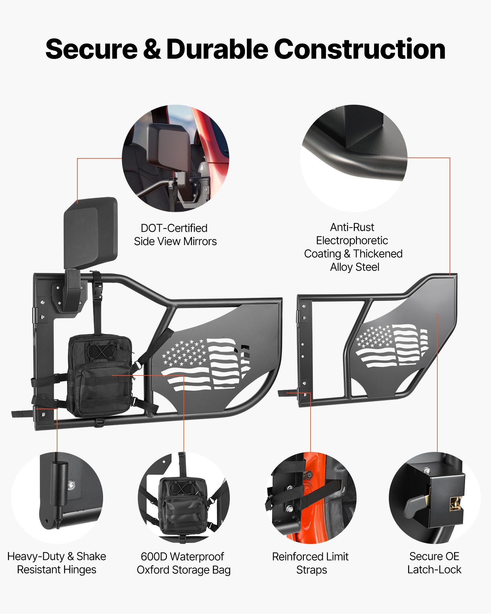 VEVOR Jeep Tube Doors, 4-Door, Fit for 2018-2026 Jeep Wrangler JL & 2020-2026 Gladiator JT, Flag Pattern Off Road Front & Rear Tubular Half Doors with DOT Certified Side View Mirrors and Storage Bag