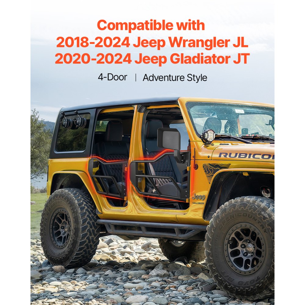 Drzwi rurowe VEVOR Jeep (4-drzwiowe) w stylu Adventure z lusterkami bocznymi z certyfikatem DOT, drzwi Jeep z lusterkami wstecznymi do modeli Jeep Wrangler JL z lat 2018–2024 i Jeep Gladiator JT z lat 2020–2024