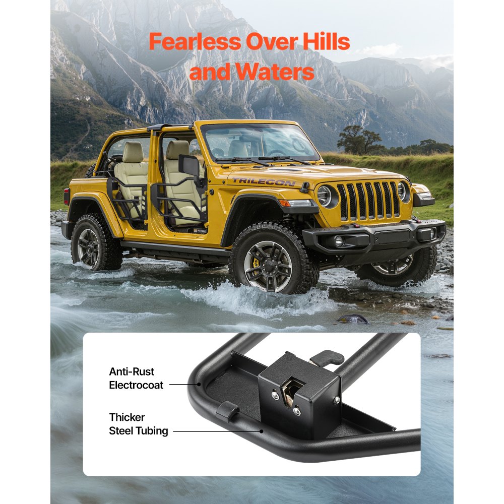 Drzwi rurowe VEVOR Jeep (4-drzwiowe) w stylu Adventure z lusterkami bocznymi z certyfikatem DOT, drzwi Jeep z lusterkami wstecznymi do modeli Jeep Wrangler JL z lat 2018–2024 i Jeep Gladiator JT z lat 2020–2024