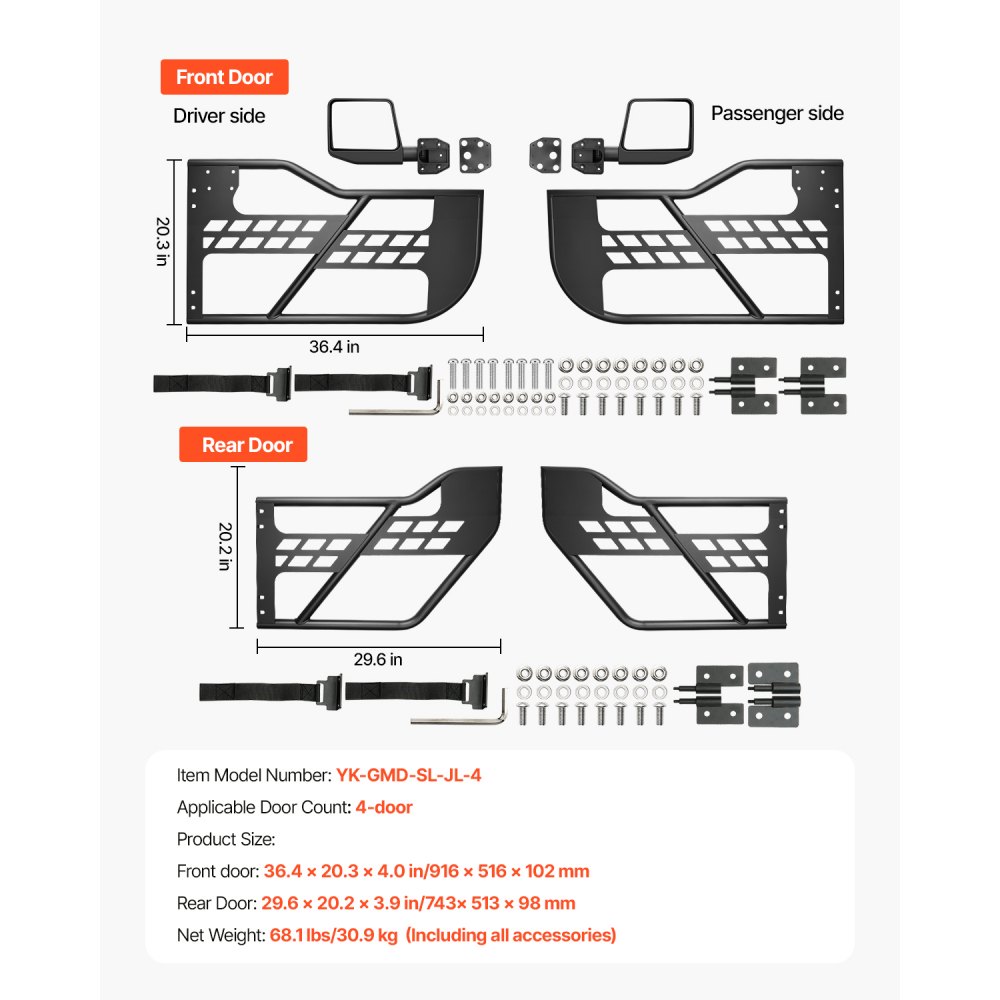 Drzwi rurowe VEVOR Jeep wykonane ze wzmocnionych rur stalowych (4-drzwiowe) w stylu myśliwskim z lusterkami bocznymi z certyfikatem DOT. Drzwi Jeep do modeli Jeep Wrangler JL z lat 2018–2024 i Jeep Gladiator JT z lat 2020–2024.