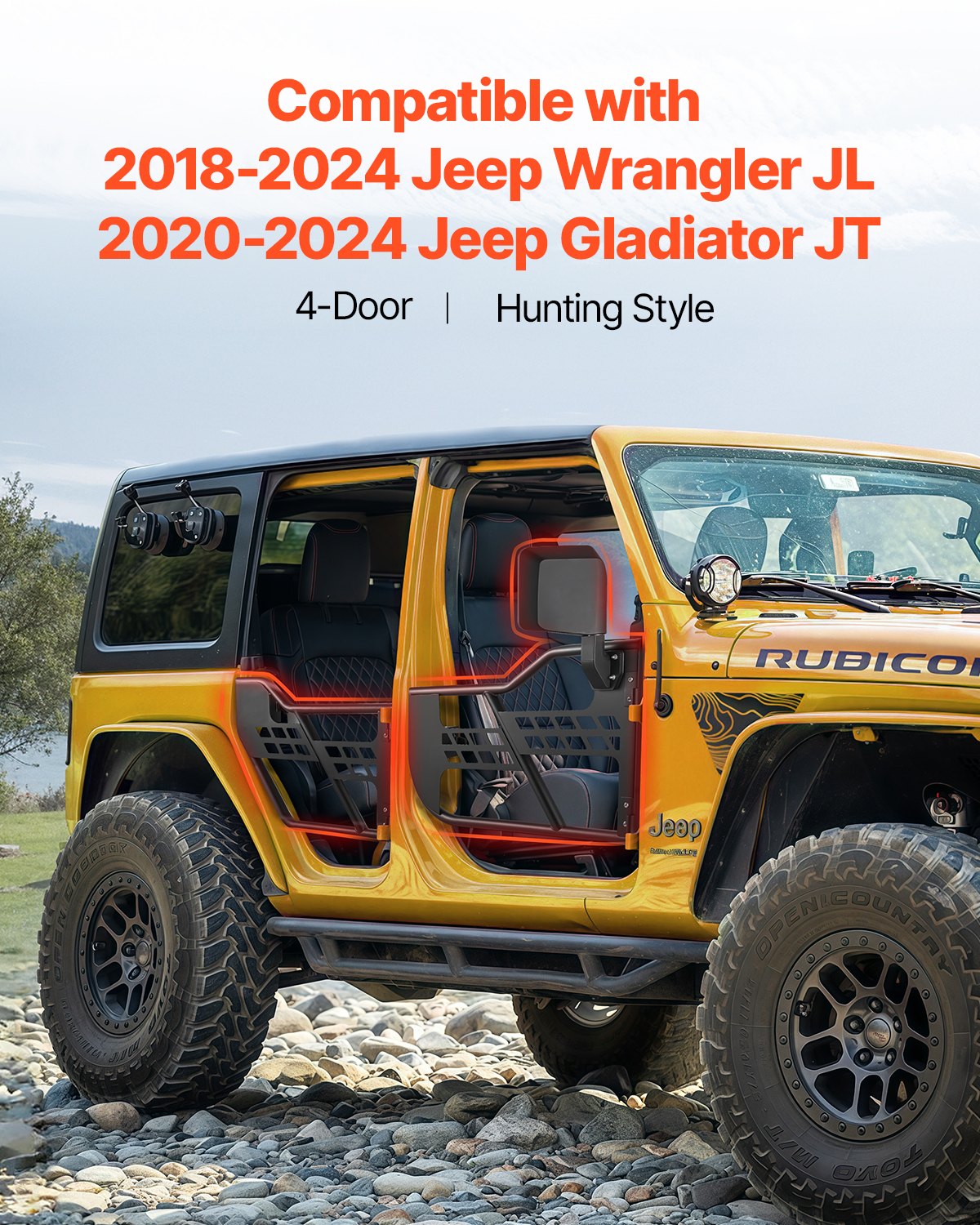 Drzwi rurowe VEVOR Jeep wykonane ze wzmocnionych rur stalowych (4-drzwiowe) w stylu myśliwskim z lusterkami bocznymi z certyfikatem DOT. Drzwi Jeep do modeli Jeep Wrangler JL z lat 2018–2024 i Jeep Gladiator JT z lat 2020–2024.