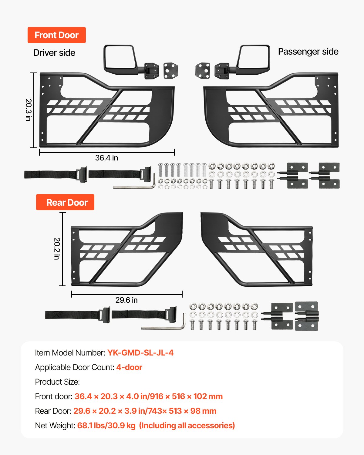 Drzwi rurowe VEVOR Jeep wykonane ze wzmocnionych rur stalowych (4-drzwiowe) w stylu myśliwskim z lusterkami bocznymi z certyfikatem DOT. Drzwi Jeep do modeli Jeep Wrangler JL z lat 2018–2024 i Jeep Gladiator JT z lat 2020–2024.