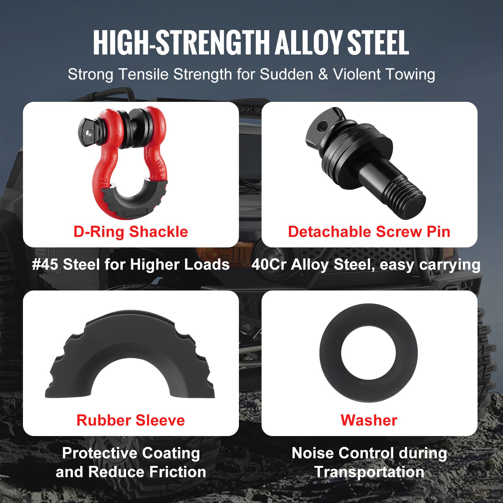 Szekla VEVOR 3/4" D-Ring, 2 sztuki ze stali stopowej, wytrzymałość na zerwanie 62832 funtów (28,5 tony) z 7/8" śrubą, izolatorami i podkładkami, wytrzymała szekla do holowania pojazdów terenowych do samochodów ciężarowych Jeep, czerwona