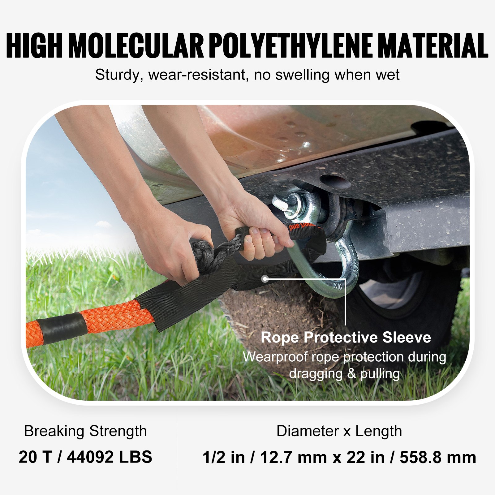 VEVOR Syntetyczny miękki hak holowniczy, 1/2" x 22" (opakowanie 2 szt.) o wytrzymałości 44092 funtów (20 ton) z 2 dodatkowymi rękawami i torbą do przechowywania pojazdów UTV, quadów, ciężarówek i jeepów