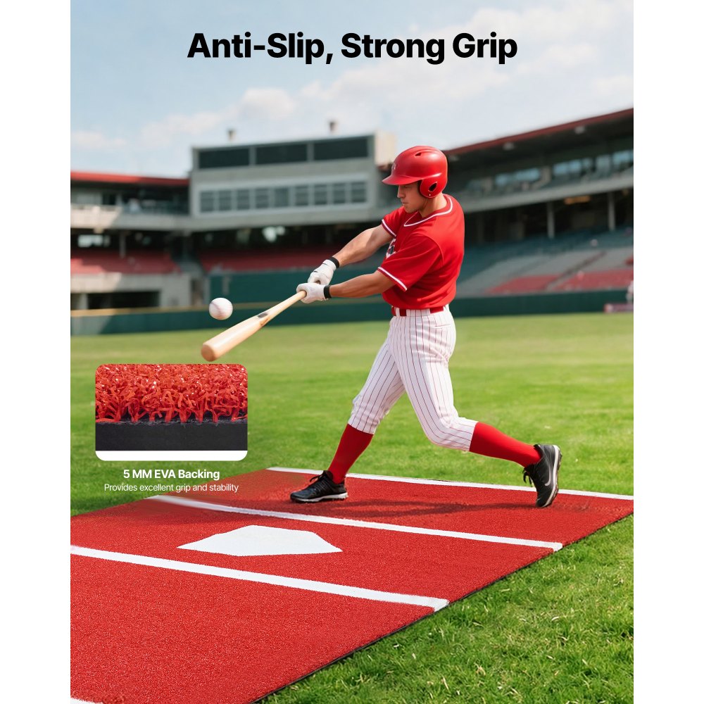 VEVOR Baseball Hitting Mat, 366x183cm Batting Cage Mat, Batters Box Turf Mats, Softball Batting Practice Equipment with Home Plate and Anti Fade Turf, Portable Training Aid for Indoor Outdoor, Red