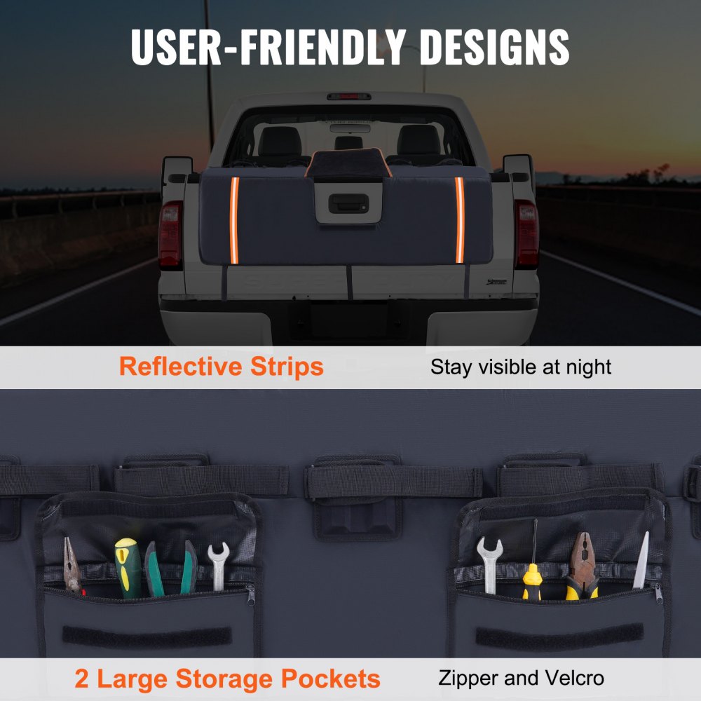 Podkładka na tylną klapę VEVOR pick-up 1350 mm, nakładka na tylną klapę ciężarówki na 5 rowerów, 110 x 110 mm rowkowany tylny bagażnik na rowery na drewno, drabiny itp. Osłona dźwigni tylnej klapy z 2 małymi kieszeniami