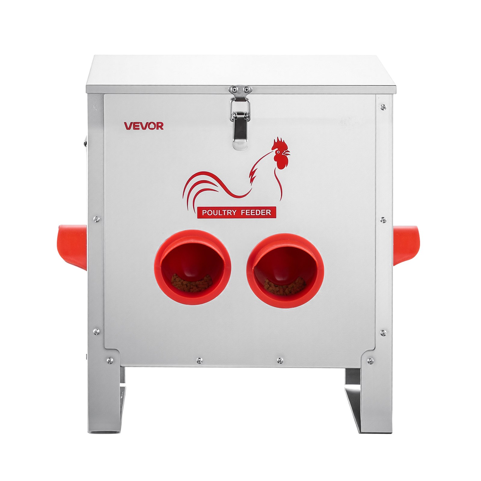VEVOR Automatic Chicken Feeder, 11.34 kg Capacity, 6 Feeding Ports No-Waste Poultry Feeder, Automatic Gravity, with Handle Latch Lid, Metal Construction, for Chickens Bantams Pheasants Poultry Coop