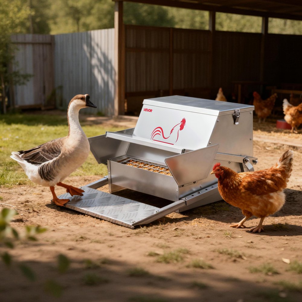 Automatyczny karmnik dla kurczaków VEVOR, pojemność 11,3 kg, karmnik dla kurczaków z pedałem i zamykaną pokrywą, ocynkowany karmnik ze stali, koryto dla kurczaków, karmników i drobiu