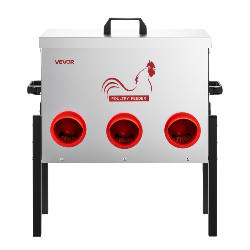VEVOR Automatic Chicken Feeder, 13.61 kg Capacity, 6 Feeding Ports No-Waste Poultry Feeder, Automatic Gravity, with Adjustable Height & Locking Lid, Metal Construction, for Chickens Bantams Pheasants