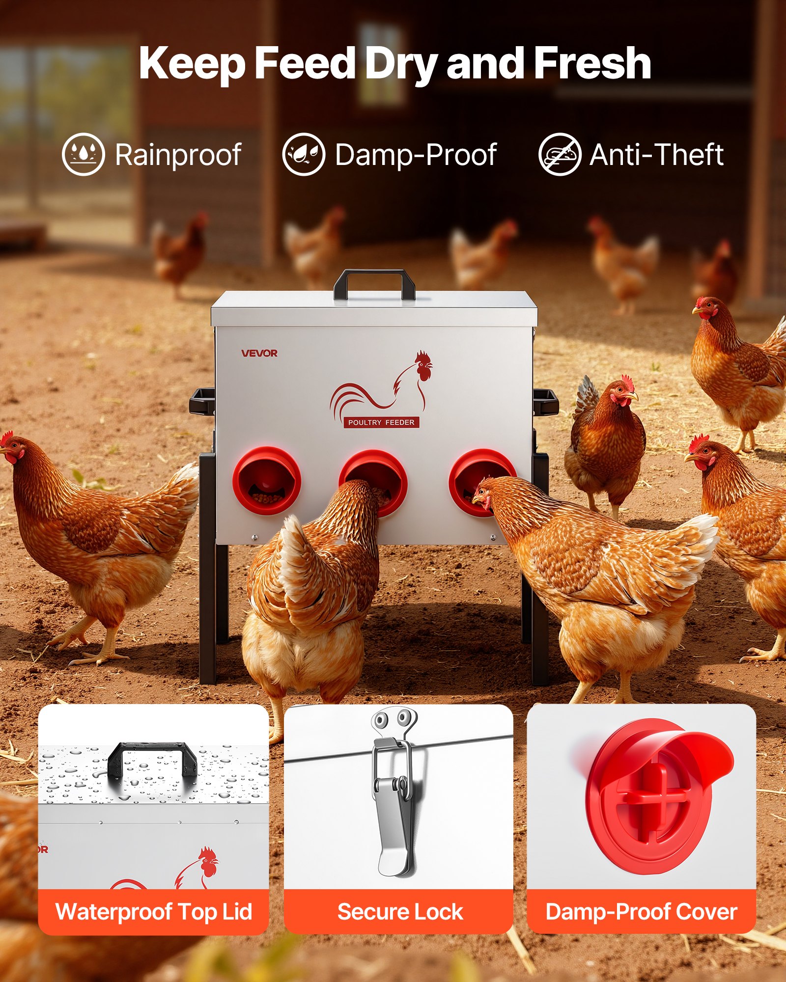 VEVOR Automatic Chicken Feeder, 13.61 kg Capacity, 6 Feeding Ports No-Waste Poultry Feeder, Automatic Gravity, with Adjustable Height & Locking Lid, Metal Construction, for Chickens Bantams Pheasants