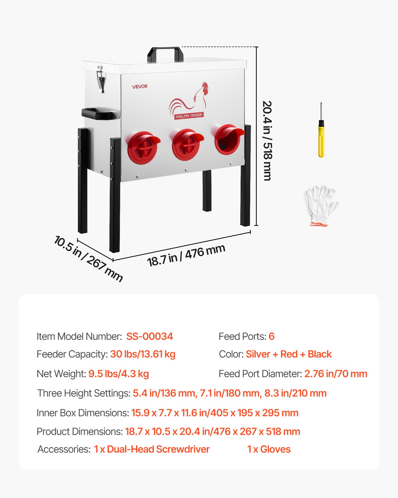 VEVOR Automatic Chicken Feeder, 13.61 kg Capacity, 6 Feeding Ports No-Waste Poultry Feeder, Automatic Gravity, with Adjustable Height & Locking Lid, Metal Construction, for Chickens Bantams Pheasants