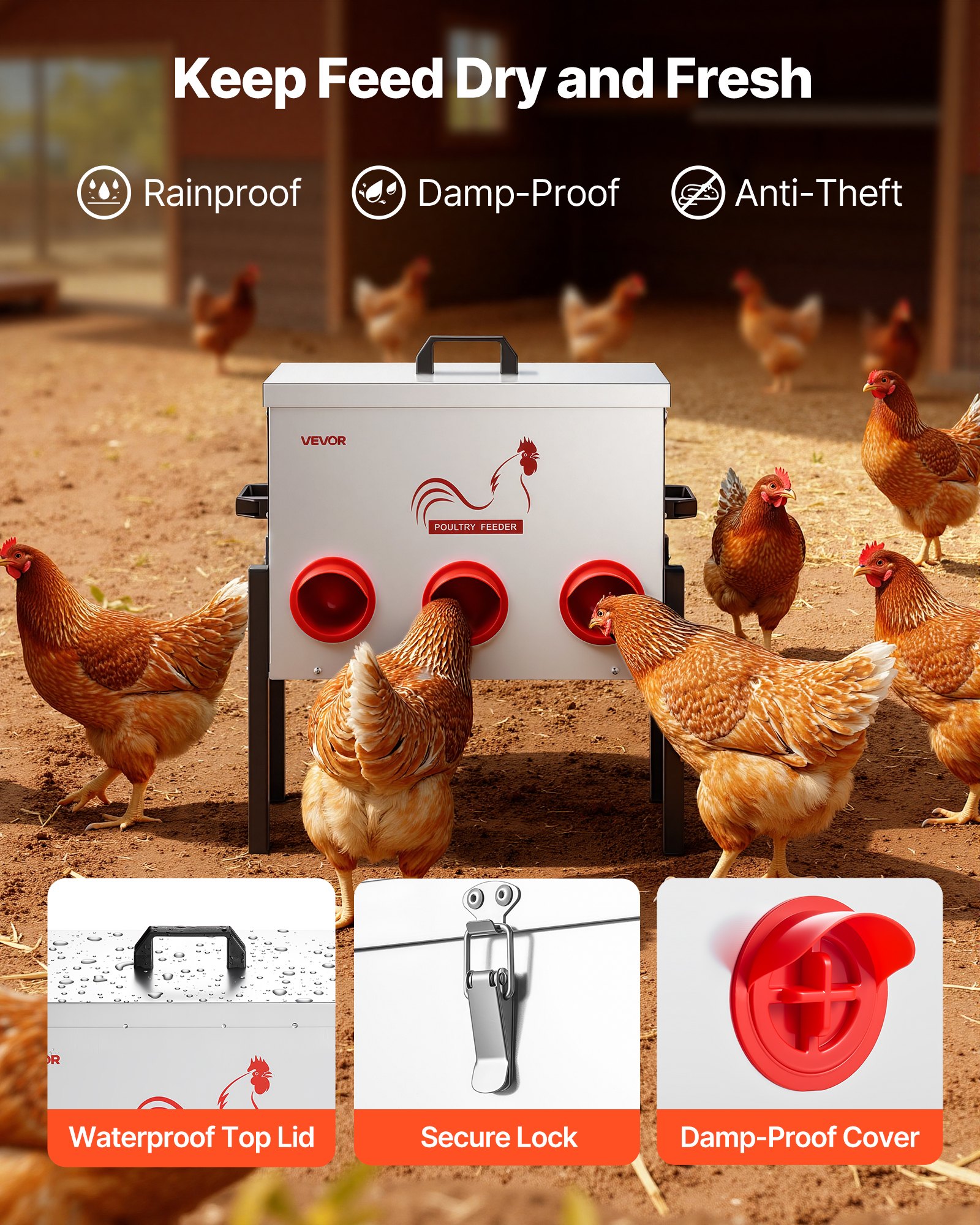 Karmnik dla kurczaków VEVOR, 13,61 kg, 6 otworów do karmienia, karmnik dla drobiu, regulowana wysokość i zamykana pokrywa, konstrukcja metalowa, akcesoria dla kur/kaczek/drobiu