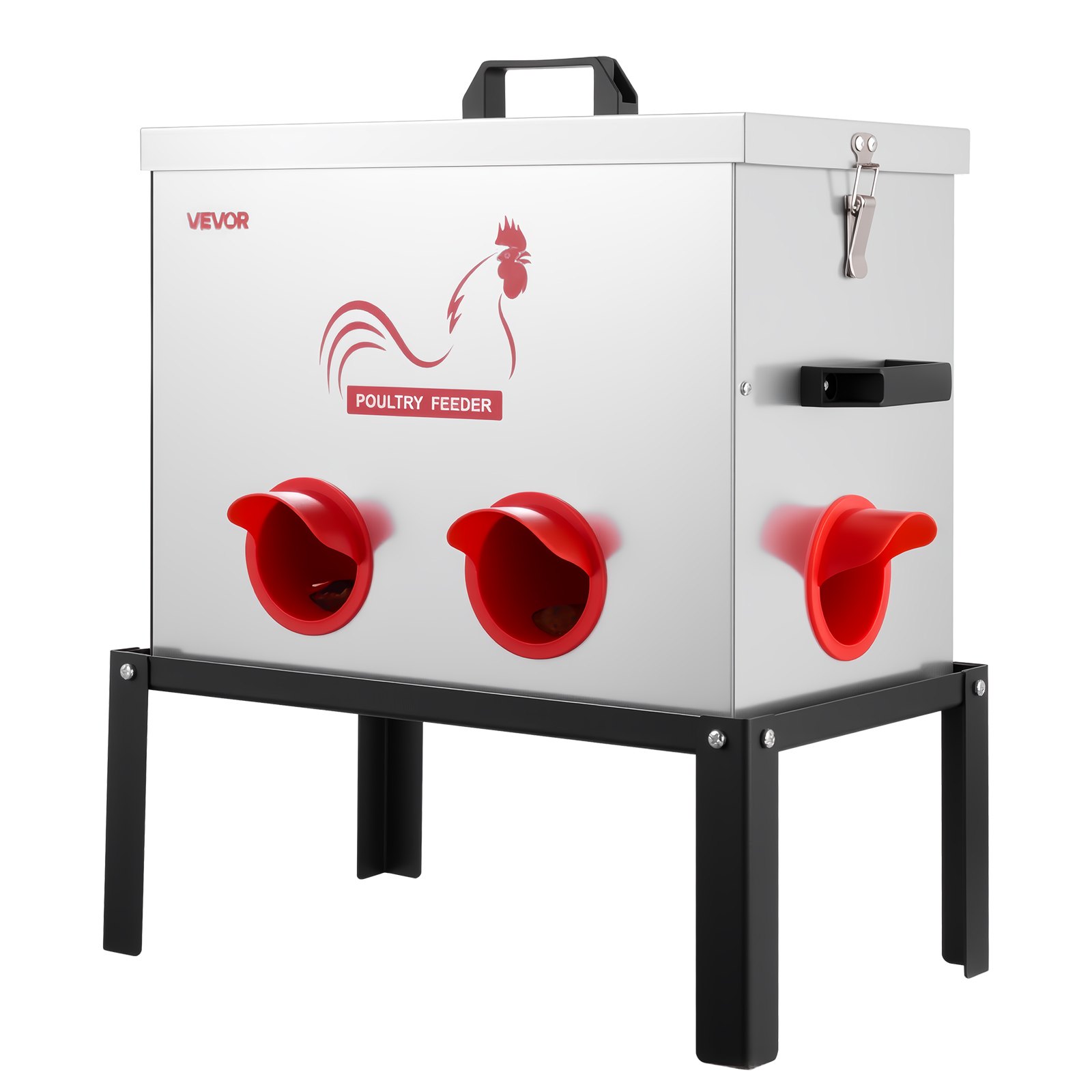 Automatyczny karmnik dla kurczaków VEVOR, 18,14 kg, karmnik dla drobiu z 6 otworami do karmienia, blokada i uchwyt, automatyczny karmnik dla kurczaków, konstrukcja metalowa, artykuły dla kur/kaczek/drobiu