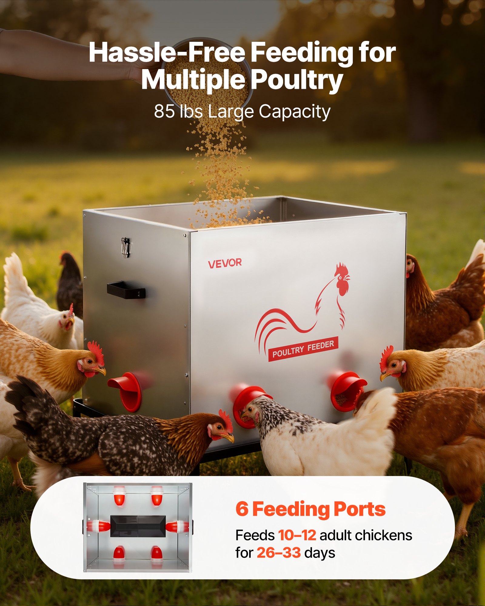 VEVOR Automatic Chicken Feeder, 38.56 kg Capacity, 6 Feeding Ports No-Waste Poultry Feeder with Built-In Divider, with Latch & Handle, Metal Construction, for Chickens Bantams Pheasants Poultry Coop