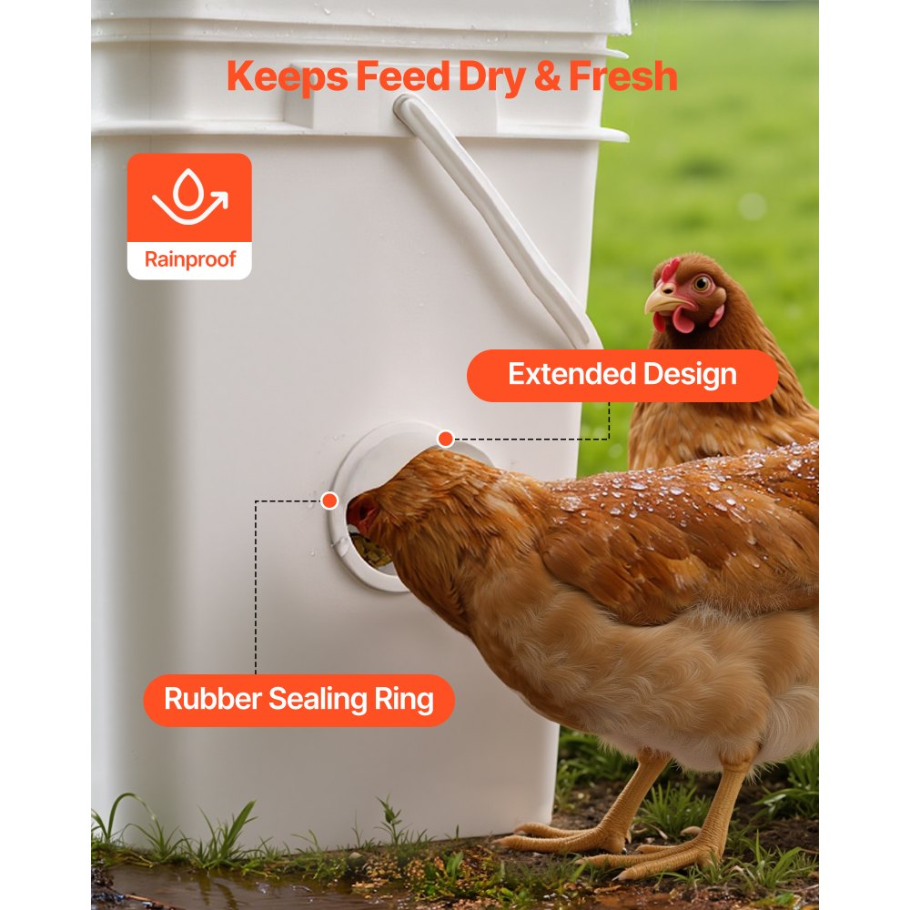 VEVOR DIY Chicken Feeder, 4 Feed Ports, Rain Proof Poultry Feeder with Cover, No Waste, Automatic Gravity Feed Kit with Sturdy Steel Hole Saw, Rubber Sealing Ring, for Buckets, Barrels, Bins, Troughs