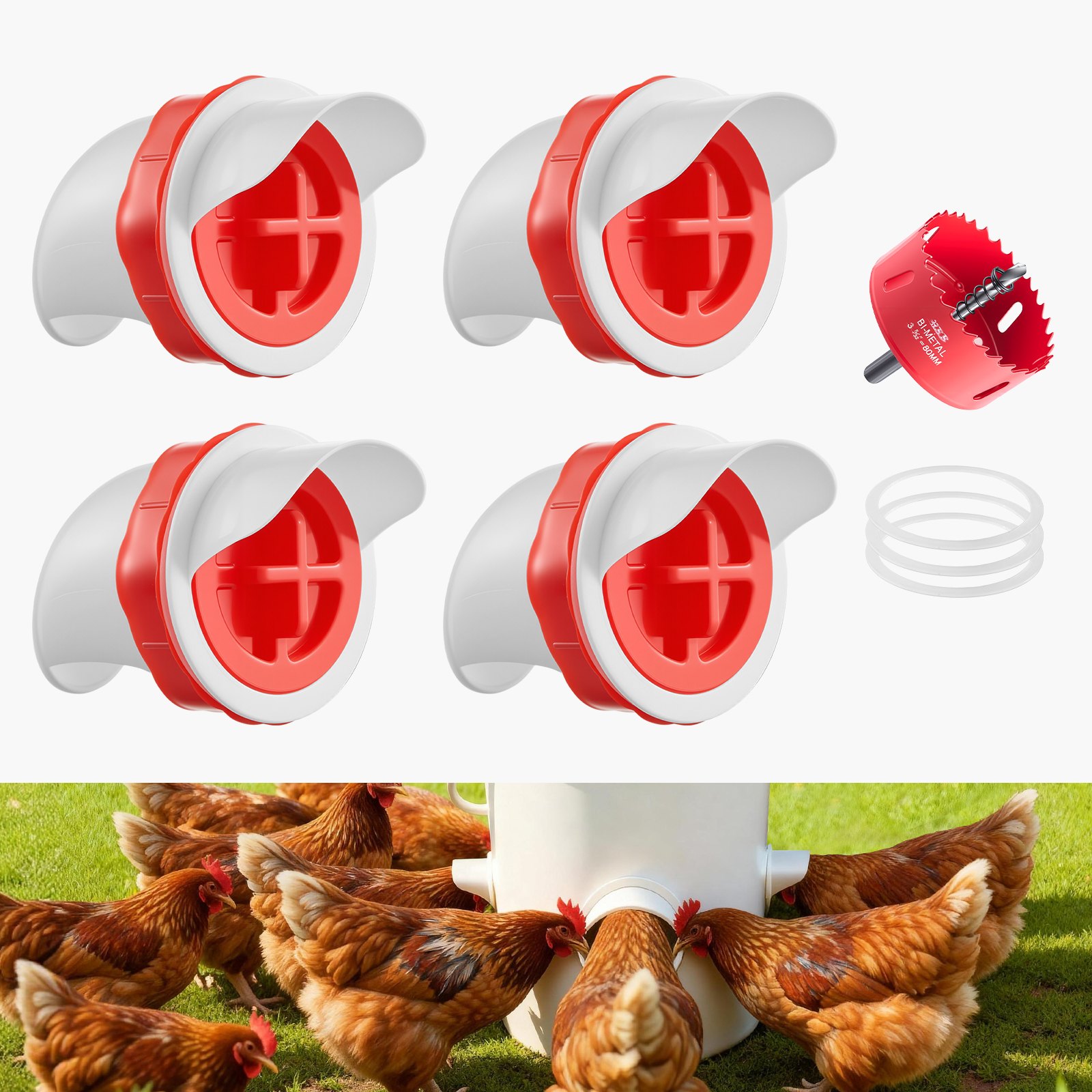 VEVOR DIY Chicken Feeder, 4 Feed Ports, Rain Proof Poultry Feeder with Cover, No Waste, Automatic Gravity Feed Kit with Sturdy Steel Hole Saw, Rubber Sealing Ring, for Buckets, Barrels, Bins, Troughs
