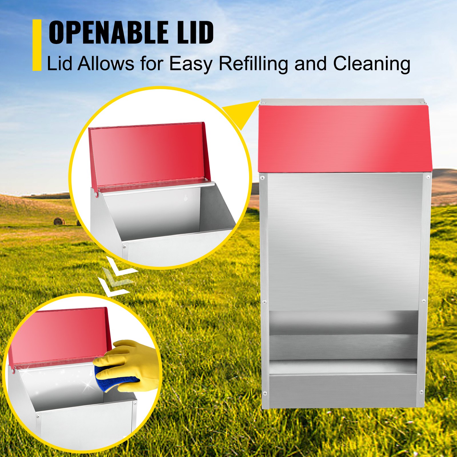 VEVOR 22,6 kg Automatyczny karmnik dla kurczaków, Karmnik dla kurczaków, Automatyczna stacja karmienia, Wiszący karmnik dla kurczaków z pokrywą, Karmnik zewnętrzny odporny na warunki atmosferyczne, Pokrywa uchylna