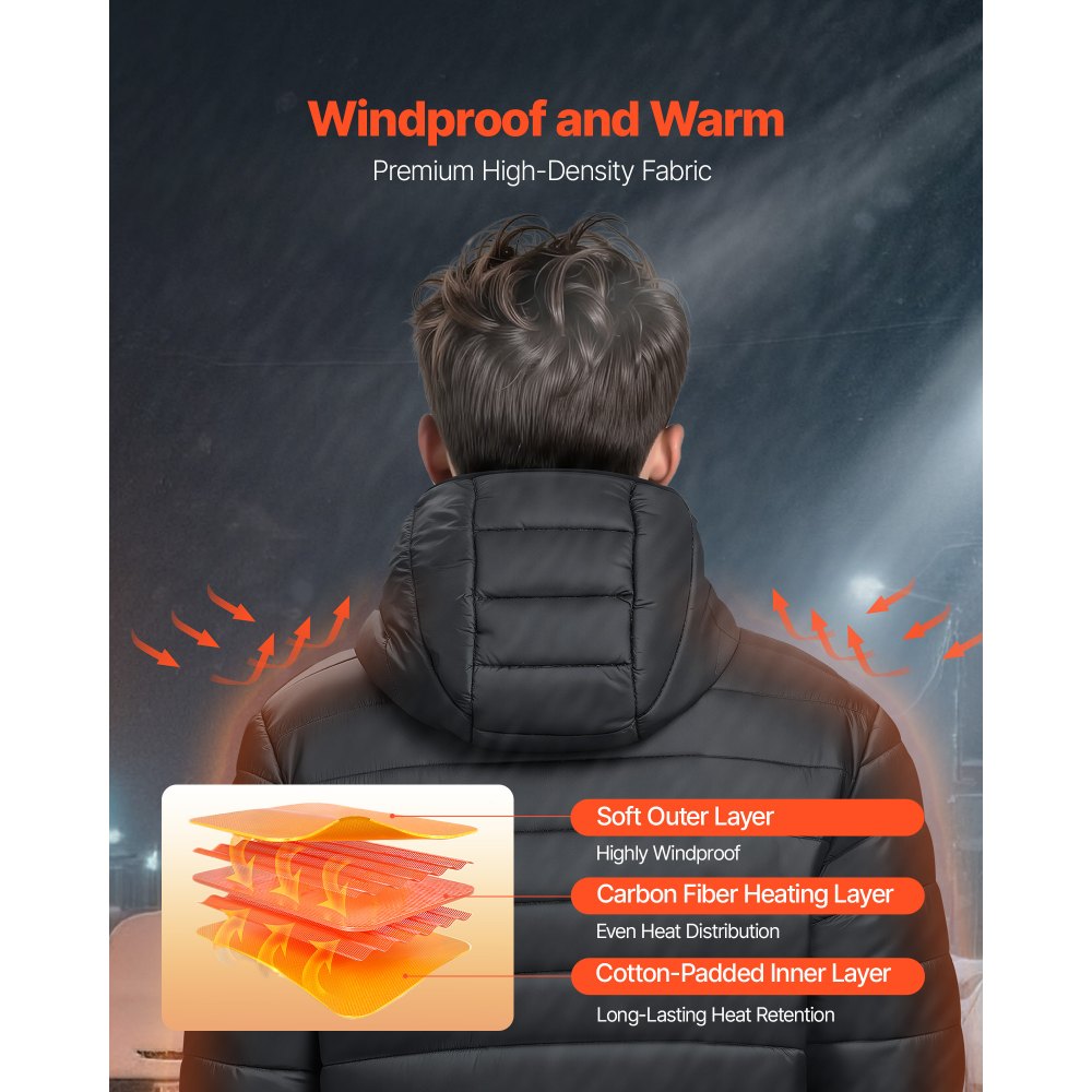 Kurtka grzewcza VEVOR dla mężczyzn z baterią 7,4 V, elektryczna kurtka grzewcza typu softshell, wiatroszczelna, lekka odzież wierzchnia z 6 strefami grzewczymi i 3 poziomami grzania do wędrówek pieszych i prac na świeżym powietrzu, czarna, rozmiar M