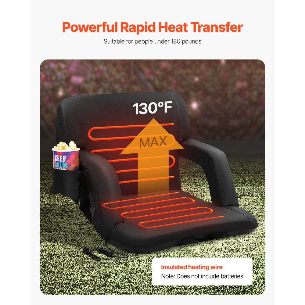 VEVOR Double Heated Stadium Seat with Backrest, 3-Stage Heated Wide Grandstand Seat, Foldable Portable Padded Recliner with Hook Pocket and Drink Holder