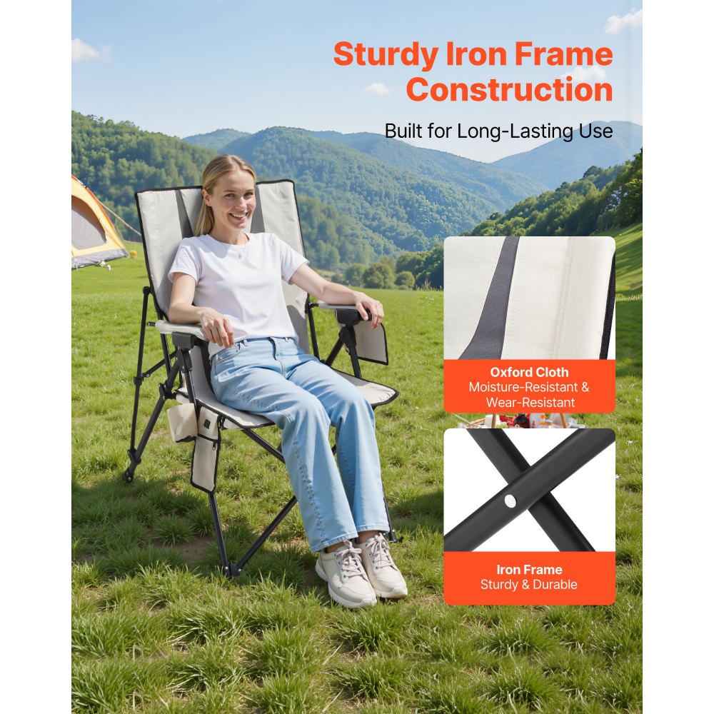 VEVOR Podgrzewane krzesło kempingowe, 3 ustawienia ogrzewania, składane krzesło z wysokim oparciem, nośność 117 kg, w pełni wyściełane krzesła plażowe z podłokietnikiem i uchwytem na kubek, krzesła ogrodowe do użytku na zewnątrz, 58 x 83 x 140 cm