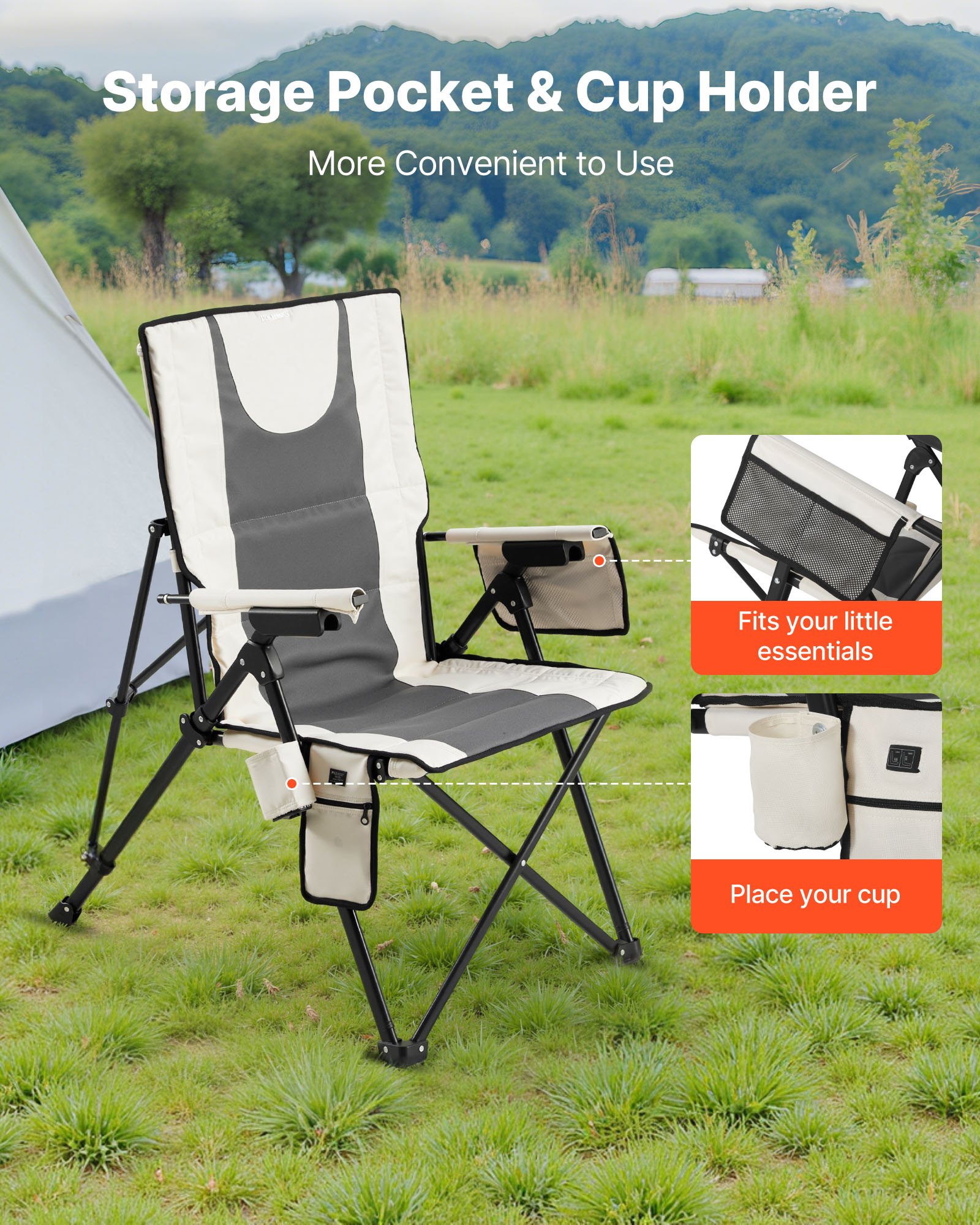 VEVOR Heated Camping Chair, 3 Heat Settings, High Back Folding Camping Chair, Supports 260lbs, Full Padded Beach Chairs with Armrest & Cupholder, Portable Lawn Chairs for Outdoor Sports Travel