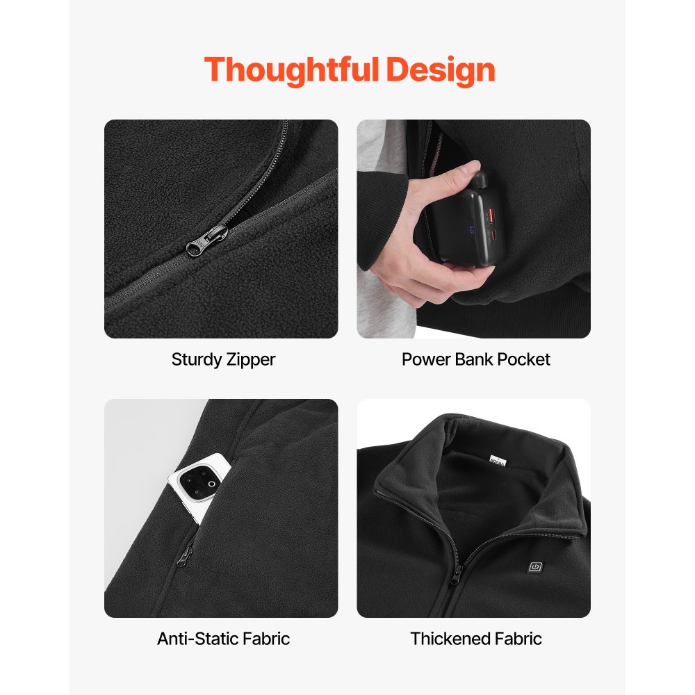 VEVOR Heated Fleece Jacket for Men, Heated Sweatshirt with 7.4V 16000mAh Rechargeable Power Bank Pack, 6 Heating Zones, 3 Temp Levels, 3h/6h/10h Warmth, for Winter Outdoor Camping, Black