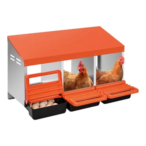 Gniazdo do składania jaj VEVOR 796x525x475 mm, 3 komory, metalowe gniazdo dla kurczaków z otworami wentylacyjnymi i osłonami ochronnymi, gniazdo rozkładane, gniazdo dla drobiu idealne dla kur, kaczek, kurczaków i innego drobiu, pomarańczowe