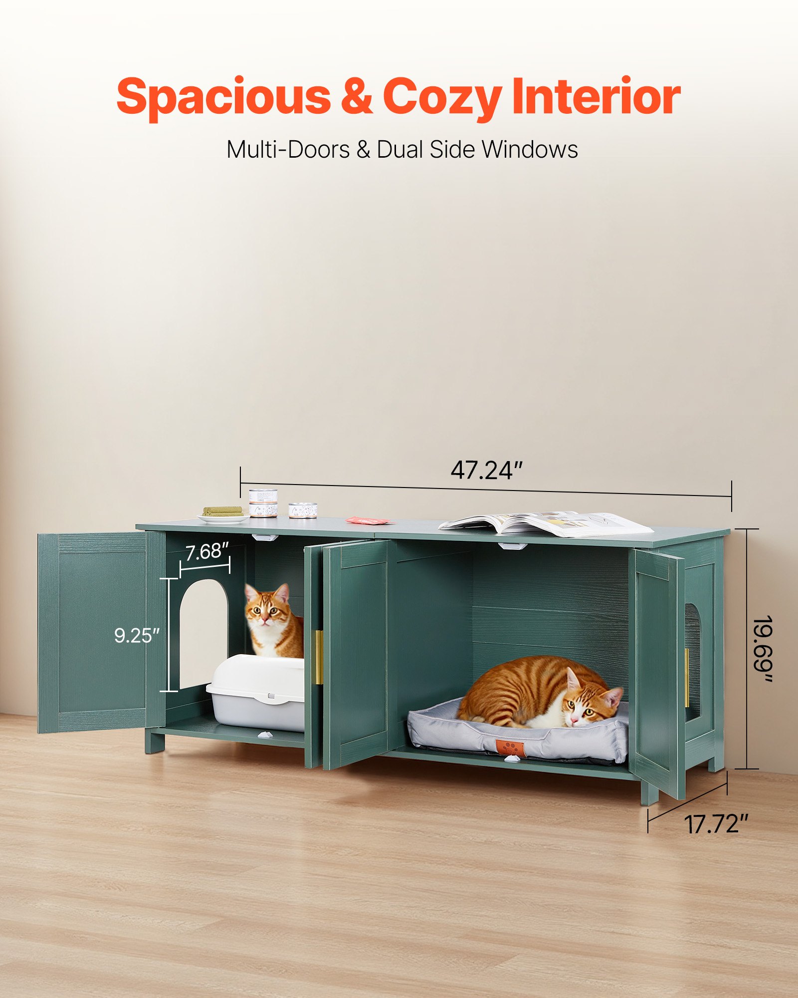 Kuweta dla kota VEVOR, 1200x450x500 mm, kuweta dla kota z 4 drzwiczkami i 2 wejściami, szafka na kuwetę dla kota do użytku wewnętrznego, drewniany domek dla kota, pasuje do większości kuwet, kolor zielony