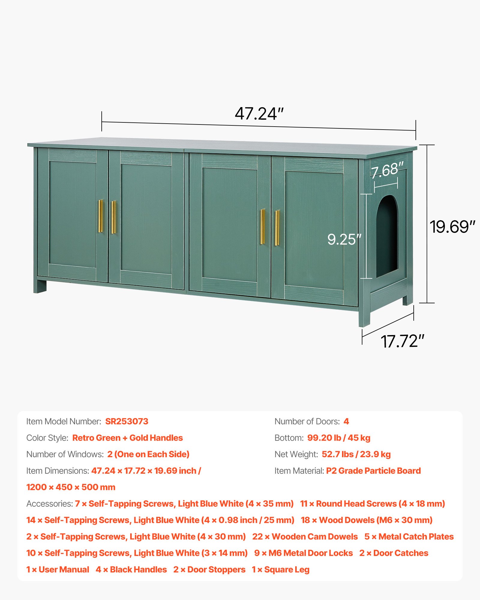 Kuweta dla kota VEVOR, 1200x450x500 mm, kuweta dla kota z 4 drzwiczkami i 2 wejściami, szafka na kuwetę dla kota do użytku wewnętrznego, drewniany domek dla kota, pasuje do większości kuwet, kolor zielony