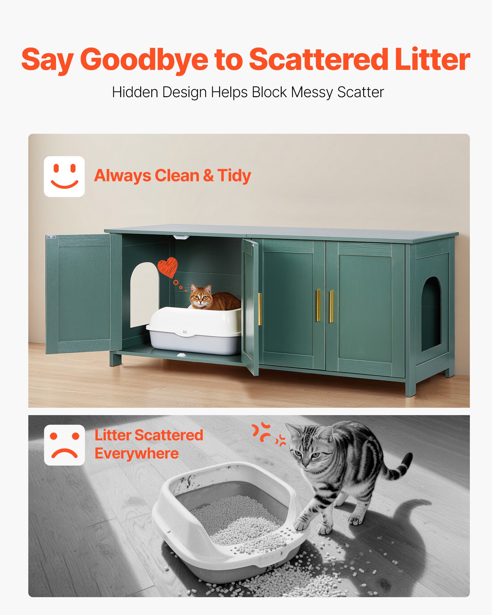 VEVOR Cat Litter Box Enclosure for Multi Cats, 120cm Hidden Litter Box Cabinet with 4 Doors & 2 Entries, Indoor Cat Washroom, Wooden Kitty House Furniture Side Table, Fit Most Litterboxes, Green