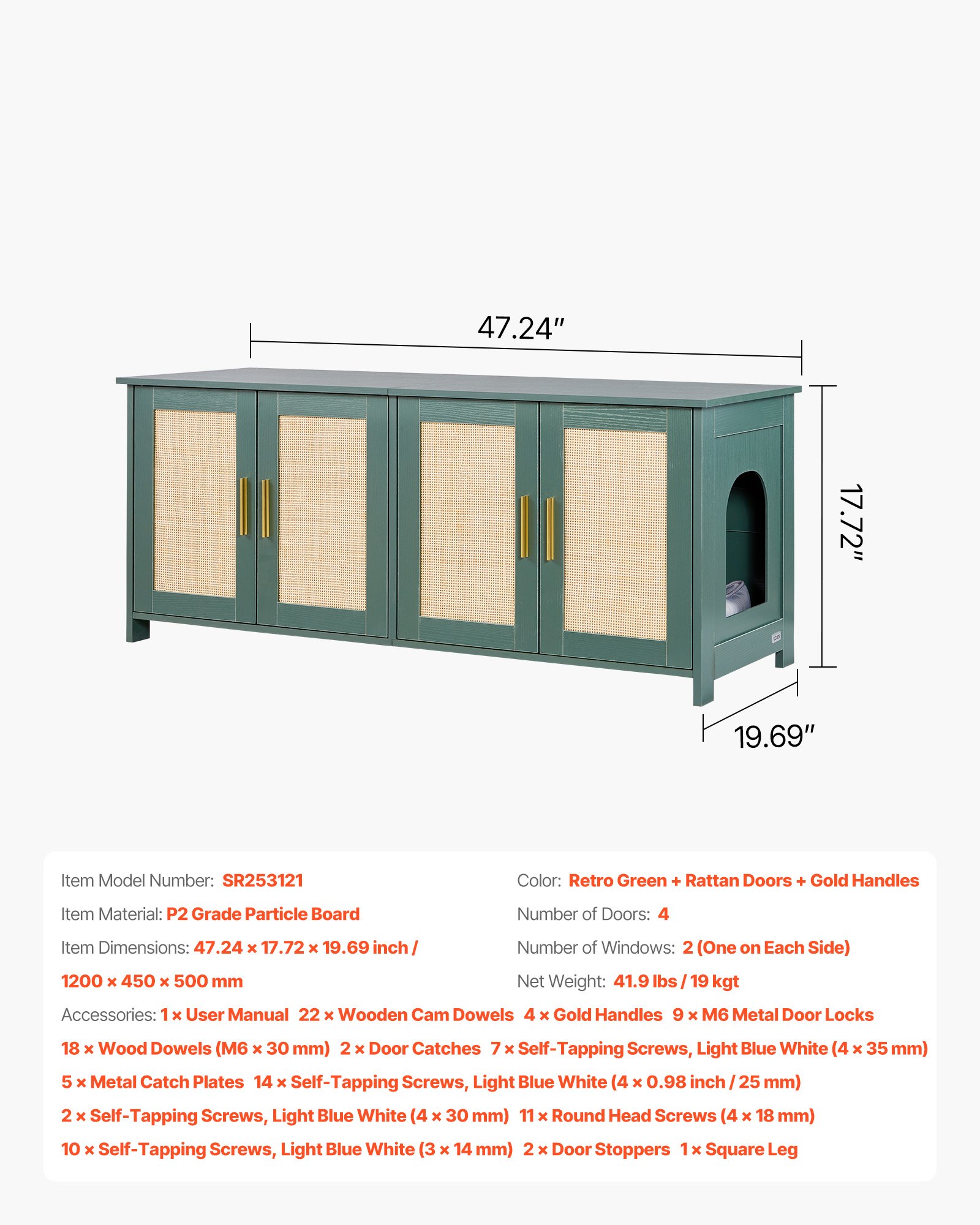 Kuweta dla kota VEVOR, 1200x450x500 mm, z 4 drzwiczkami rattanowymi i 2 wejściami, szafka na kuwetę dla kota, pasuje do większości kuwet, zielona