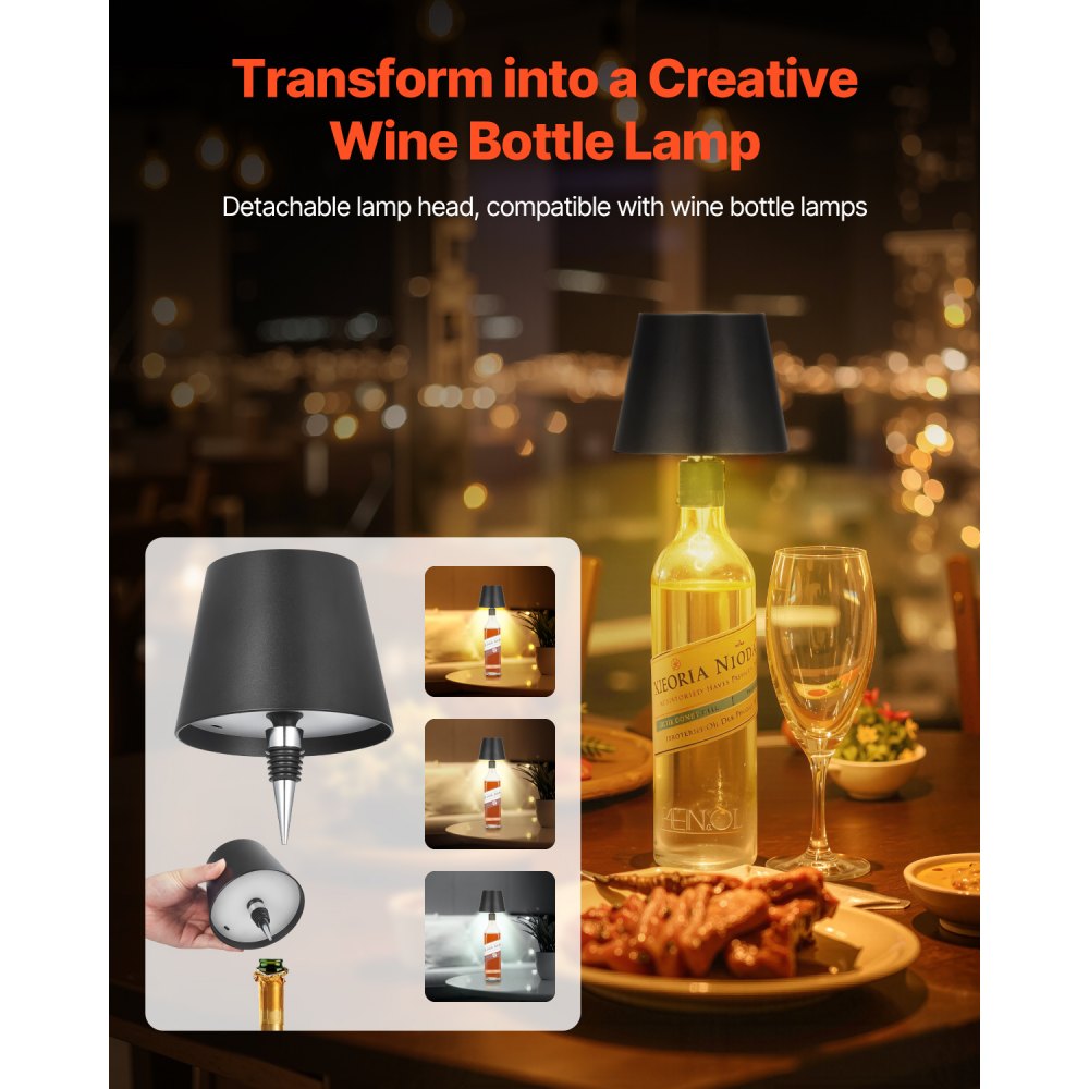 VEVOR Wireless Table Lamp (2 Pack) with Detachable Shade & 5200 mAh Built-in Rechargeable Battery, Desk Lamp, 3 Adjustable Heights, Table Lamp for Restaurants, Black