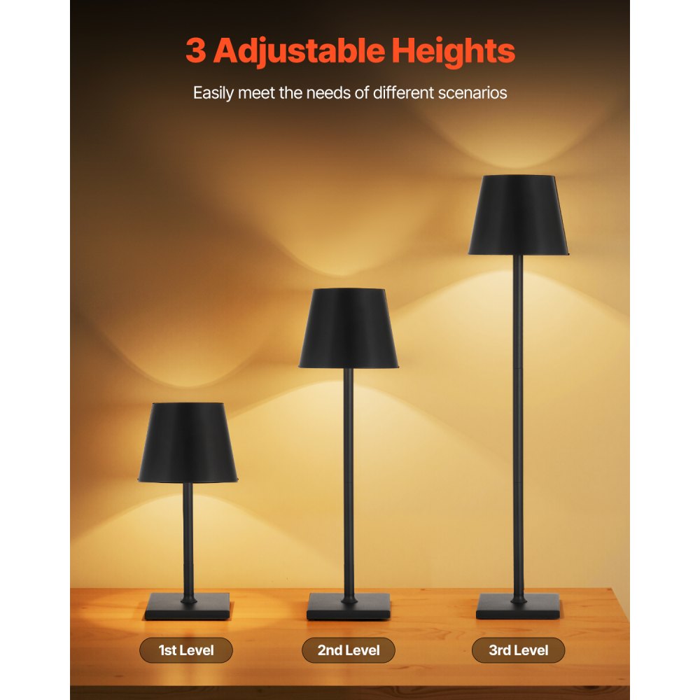 VEVOR Wireless Table Lamp (2 Pack) with Detachable Shade & 5200 mAh Built-in Rechargeable Battery, Desk Lamp, 3 Adjustable Heights, Table Lamp for Restaurants, Black