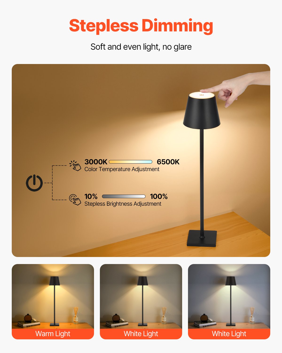 VEVOR Bezprzewodowa lampa stołowa (2 sztuki) z odłączanym kloszem i wbudowanym akumulatorem 5200 mAh, lampa biurkowa, 3 regulowane wysokości, lampa stołowa do restauracji, czarna